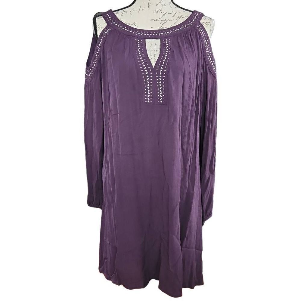 Knox Rose Women's Size Large Purple Studded Boho Cold Shoulder Shirt Dress